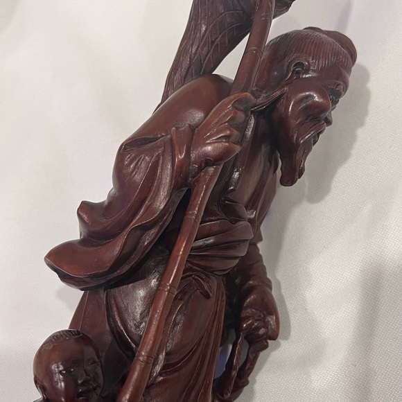 19th Cent Vintage Japanese Carved Wood Fisherman with Boy, Fish and Fishing Net - Picture 10 of 12